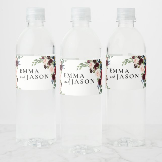 Boho Burgundy Floral Wedding Water Bottle Label (Bottles)