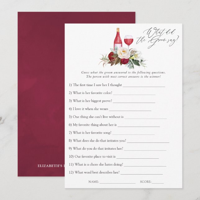Boho Burgundy Floral Wine Tasting Bridal Shower Invitation (Front/Back)