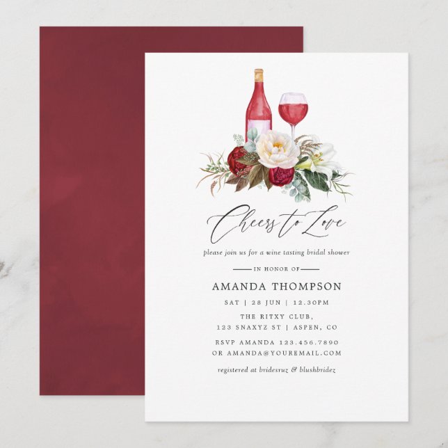 Boho Burgundy Floral Wine Tasting Bridal Shower Invitation (Front/Back)