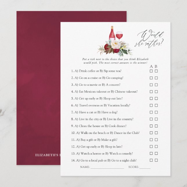 Boho Burgundy Floral Wine Tasting Bridal Shower Invitation (Front/Back)