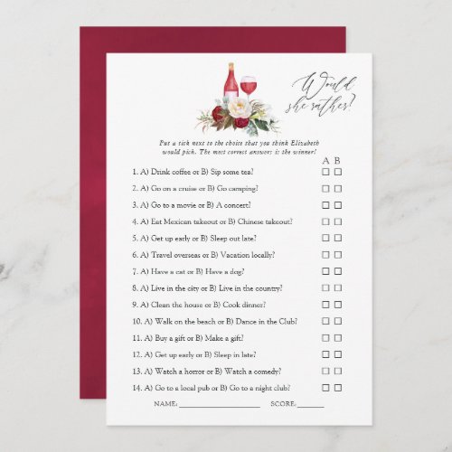 Boho Burgundy Floral Wine Tasting Bridal Shower Invitation