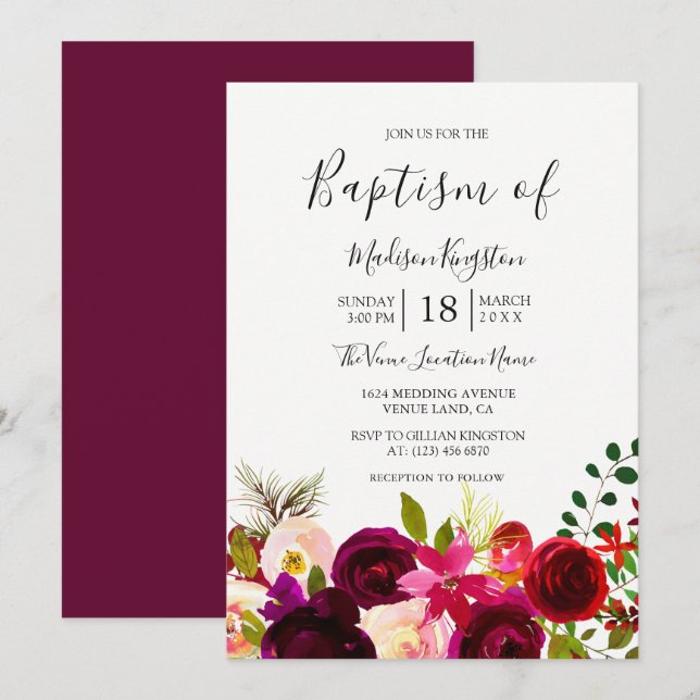 Boho Burgundy Flowers Baptism Invitation (Front/Back)