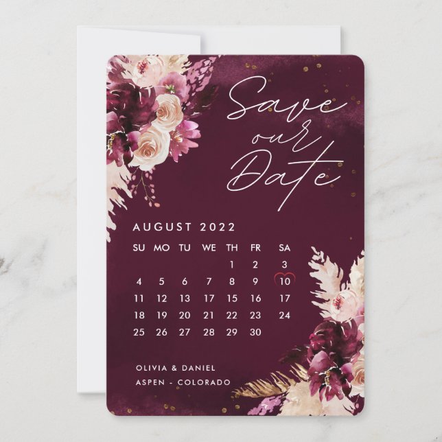 Boho Burgundy Flowers Calendar  Save The Date  Invitation (Front)