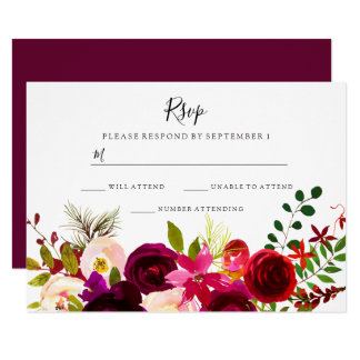Boho Burgundy Flowers Spring Autumn Wedding RSVP Card