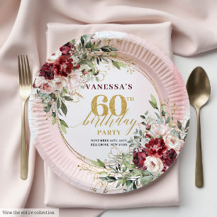 Boho Burgundy Gold Floral Elegant 60th Birthday Paper Plates