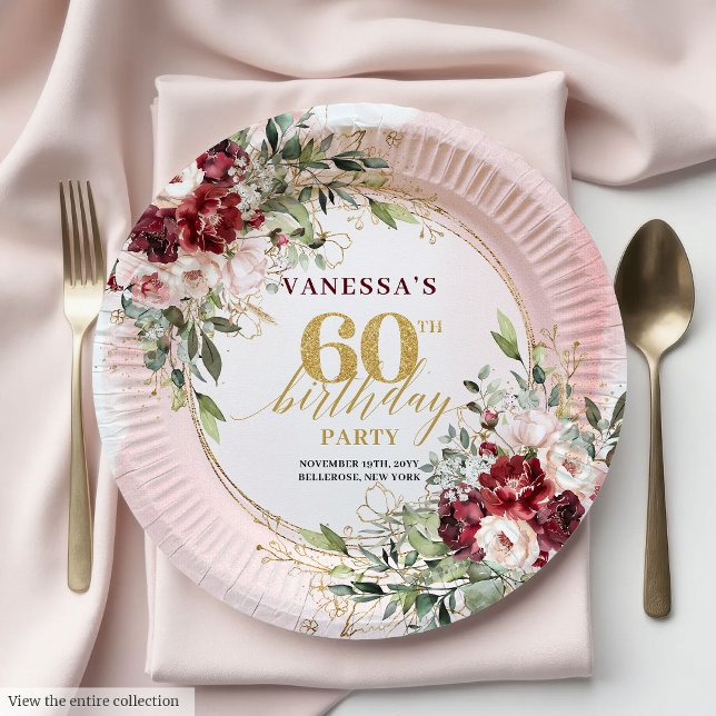 Boho Burgundy Gold Floral Elegant 60th Birthday  Paper Plates (Boho Burgundy Gold Floral Elegant 60th Birthday Plates)