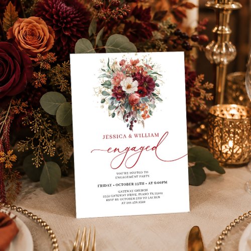 Boho Burgundy Gold Floral Greenery engagement invi Invitation
