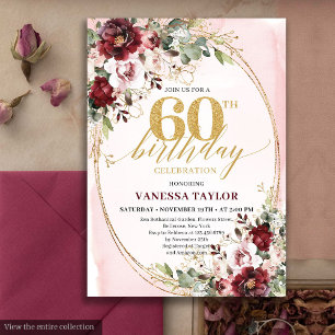 Boho Burgundy Gold Frame Floral 60th Birthday Invitation