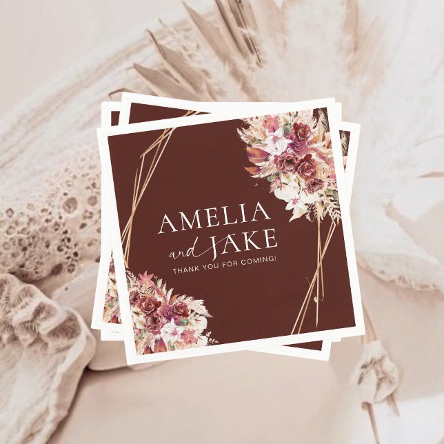 Boho Burgundy & Gold Frame Wedding  Napkins (Creator Uploaded)