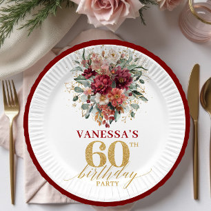 Boho Burgundy Gold Greenery 60th Birthday Paper Pl Plates