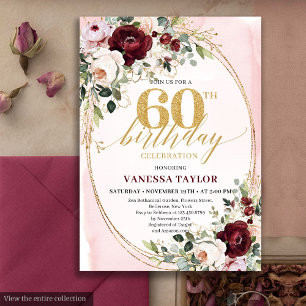 Boho Burgundy Gold Oval Floral 60th Birthday Card
