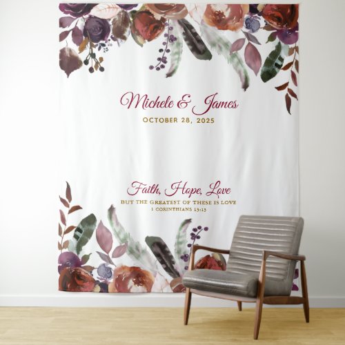 Boho Burgundy Gold Watercolor Floral Wedding Tapestry