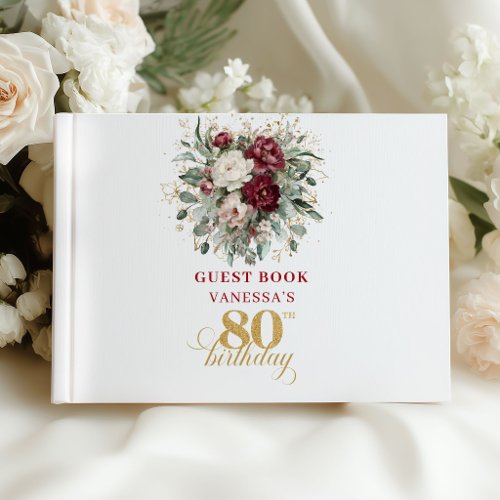 Boho Burgundy Greenery 80th Birthday Guest Book