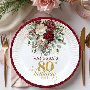 Boho Burgundy Greenery 80th Birthday Paper Plates