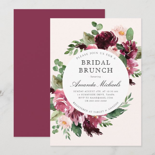 Boho Burgundy Greenery Floral Bridal Brunch Shower Invitation (Front/Back)
