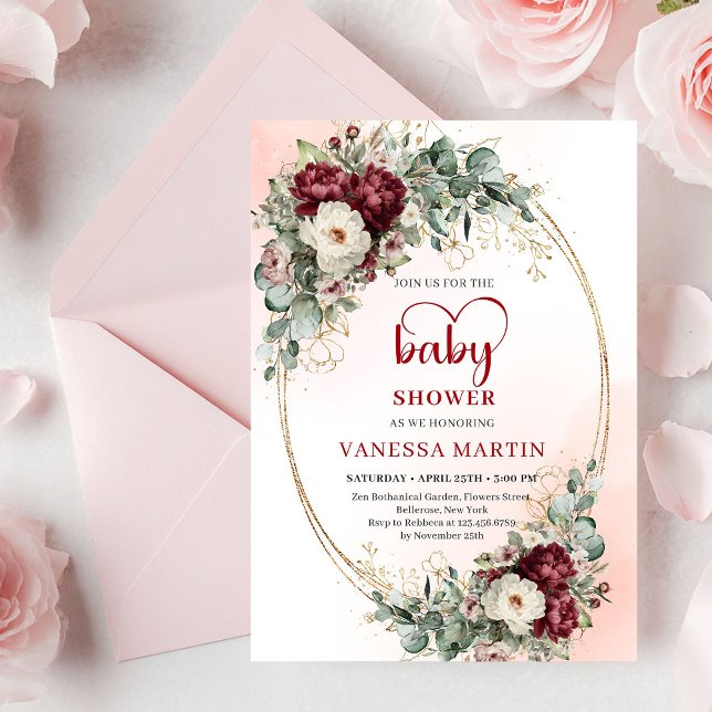 Boho Burgundy Greenery Gold Baby Shower Invite (Boho Burgundy Greenery Gold Baby Shower Invite)