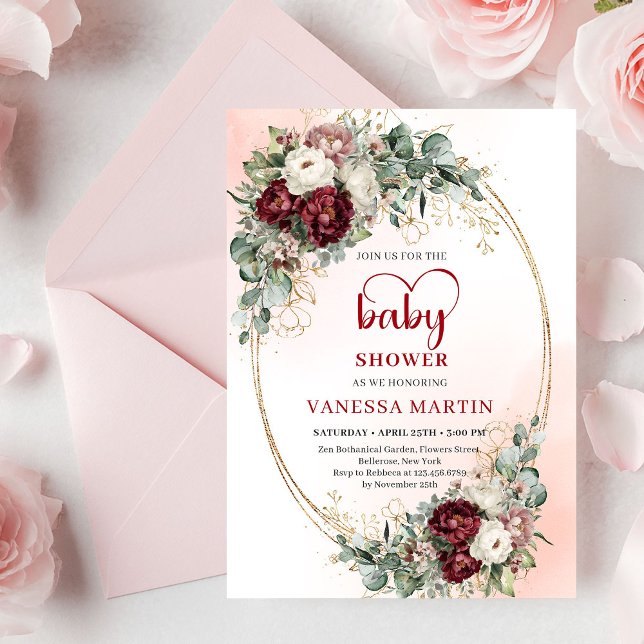 Boho Burgundy Greenery Heart-Shaped Font Baby Show Invitation (Boho Burgundy Greenery Heart-Shaped Font Baby Shower Invite)