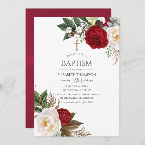 Boho Burgundy _ Marsala Floral Baptism Invitation
