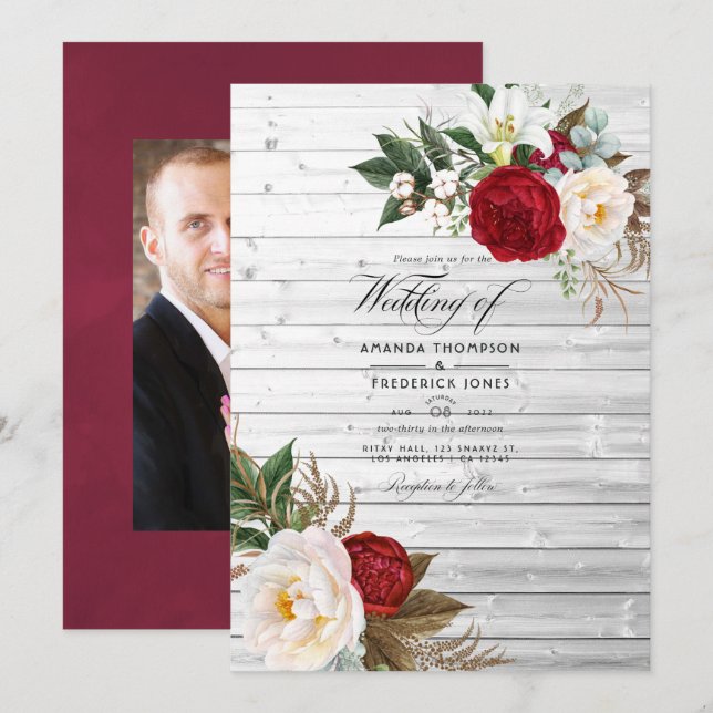 Boho Burgundy - Marsala Floral Bohemian Wedding Invitation (Front/Back)