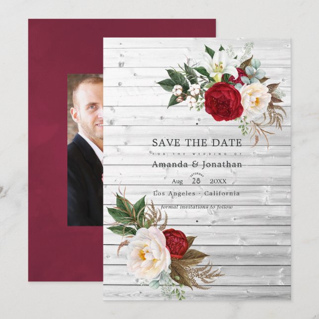 Boho Burgundy - Marsala Floral Bohemian Wedding Save The Date (Front/Back)
