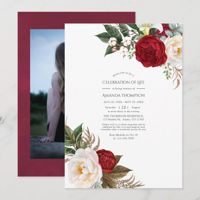 Boho Burgundy - Marsala Floral Celebration of Life Invitation (Front/Back)