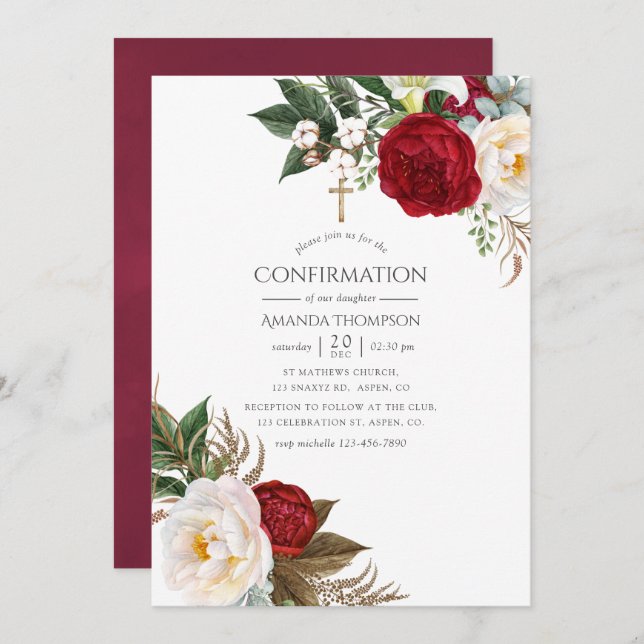 Boho Burgundy - Marsala Floral Confirmation Invitation (Front/Back)