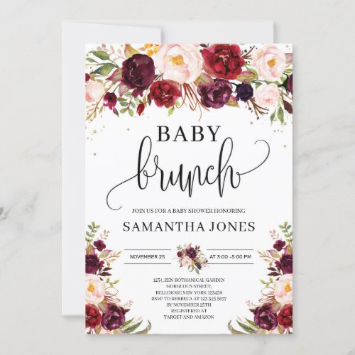 Boho burgundy marsala floral gold baby brunch invitation