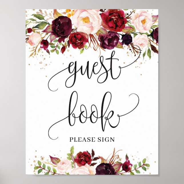 Boho burgundy marsala floral gold guest book sign (Front)