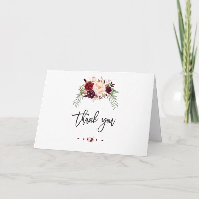 Boho Burgundy Marsala Floral Handwriting Thank you (Front)