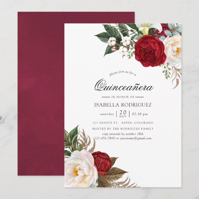 Boho Burgundy - Marsala Floral Quinceañera Invitation (Front/Back)
