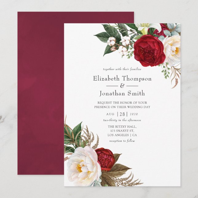 Boho Burgundy - Marsala Floral Wedding Invitation (Front/Back)