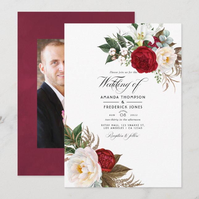 Boho Burgundy - Marsala Floral Wedding Photo Invitation (Front/Back)