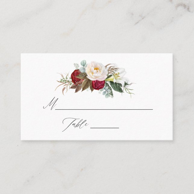 Boho Burgundy - Marsala Floral Wedding Place Card (Front)