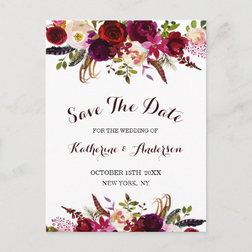 Boho Burgundy Marsala Floral Wedding Save the Date Announcement Postcard