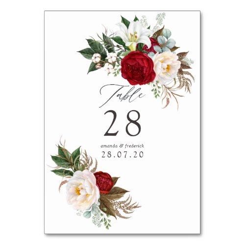 Boho Burgundy _ Marsala Floral Wedding Table Number