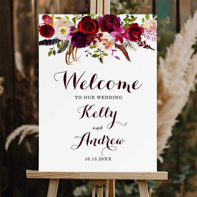 Boho Burgundy Marsala Floral Wedding Welcome Foam Board (Creator Uploaded)