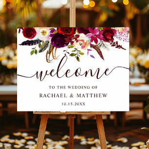 Boho Burgundy Marsala Floral Wedding Welcome Foam Board