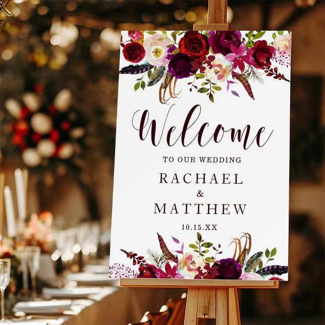 Boho Burgundy Marsala Floral Wedding Welcome Foam Board (Creator Uploaded)