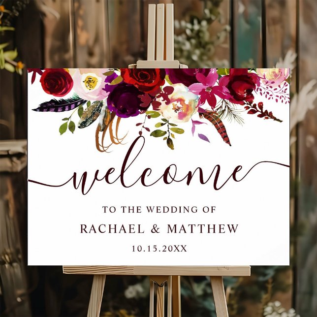 Boho Burgundy Marsala Floral Wedding Welcome Sign (Creator Uploaded)
