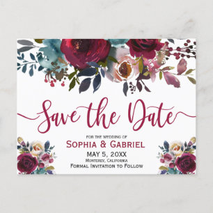 Boho Burgundy Marsala Navy Floral Save the Date Announcement Postcard