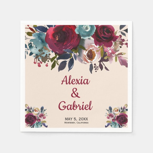 Boho Burgundy Marsala Red Navy Floral Wedding Napkins (Front)