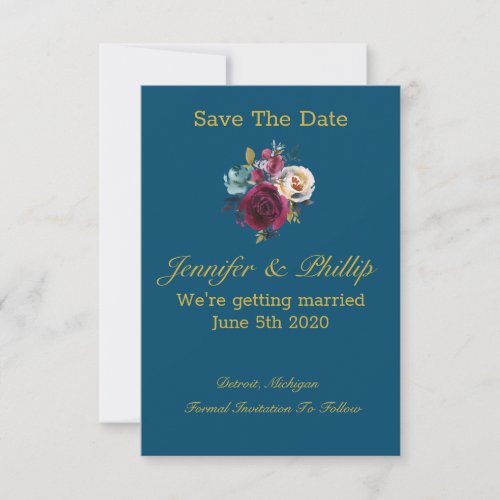 Boho Burgundy Navy Blue Watercolor Floral Wedding Save The Date