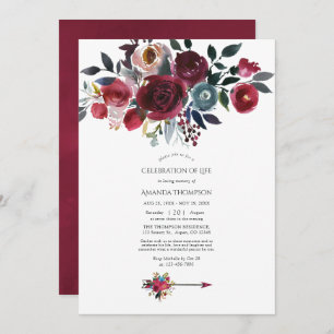 Boho Burgundy & Navy Floral Celebration of Life Invitation