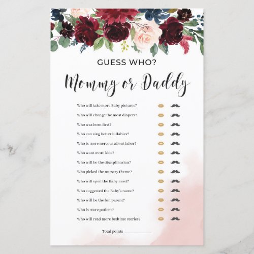 Boho Burgundy navy floral mommy or daddy game