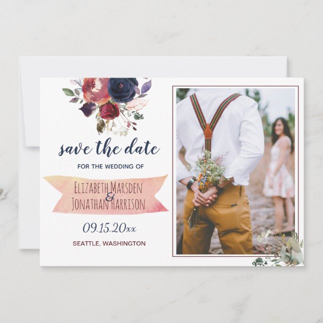 Boho Burgundy Navy Floral Photo ZZ Save The Date (Front)