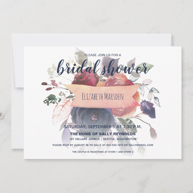 Boho Burgundy Navy Rose Gold Floral Bridal Shower Invitation (Front)