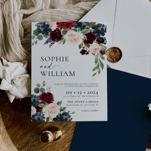 Boho Burgundy Navy Wedding Invitation