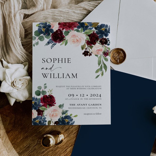 Boho Burgundy Navy Wedding Invitation (Creator Uploaded)