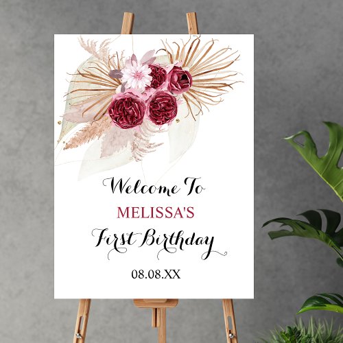 Boho Burgundy Pampas Grass Birthday Welcome Sign