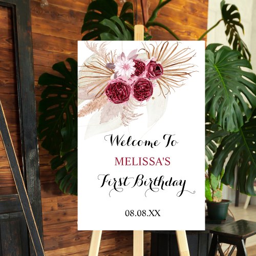 Boho Burgundy Pampas Grass Birthday Welcome Sign